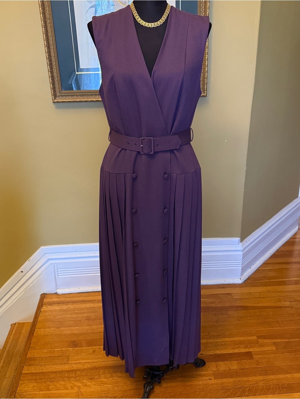 Laura Ashley Deep Purple Sleeveless Belted Pleated Wool Maxi Dress